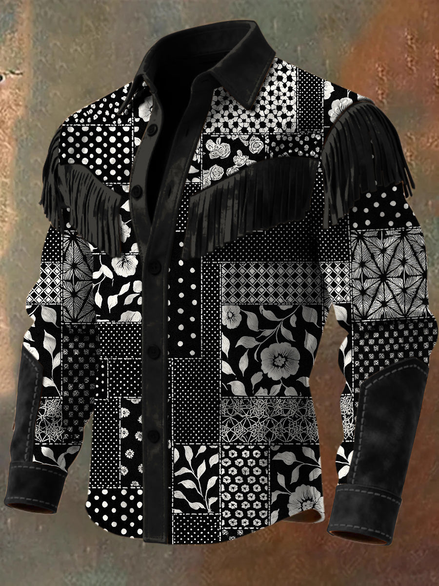 Men's Retro Western Style Art Print Vintage Tassel Casual Long Sleeve Shirt